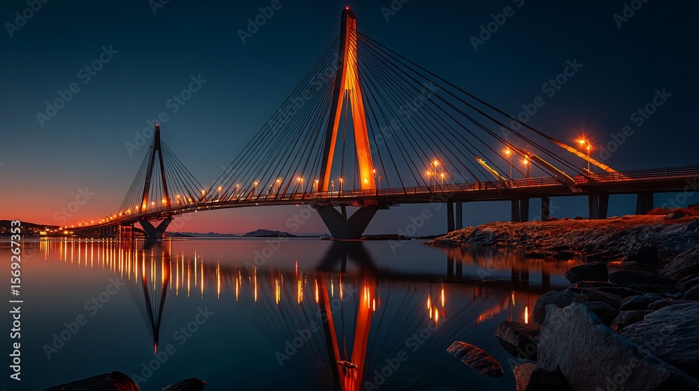 Fototapeta premium Illuminated Cablestayed Bridge Night Reflection.