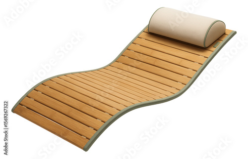 Roll-up bamboo mat lounger with a headrest for eco-friendly sunbathing on the sand