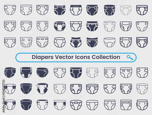 Collection of various baby and adult diaper vector icons in outline and filled styles for hygiene and care concepts