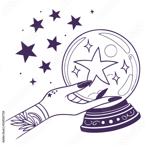 Crystal Ball with Stars and Mystic Hand – Fantasy Fortune Teller Art, Celestial Divination Illustration, Ethereal Magic Scene, Astrology Prediction Design, Enchanted Tarot Aesthetic