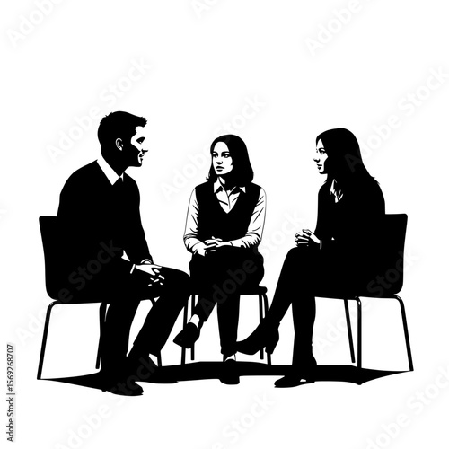 Diverse group of people in a meeting or therapy session with a man seated in an armchair and two women on chairs silhouette isolated on transparent background