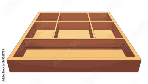 Wooden Compartment Tray Illustration, Empty Organizer with Sections, Storage Unit, Decorative Box,