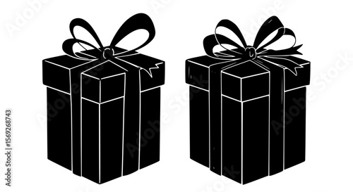 Two black gift boxes with bows and ribbons depicted in a striking silhouette style isolated on transparent background