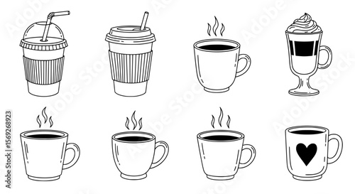 Collection of hand drawn coffee drinks including iced drinks in plastic cups with straws and hot beverages in ceramic mugs silhouette isolated on transparent background