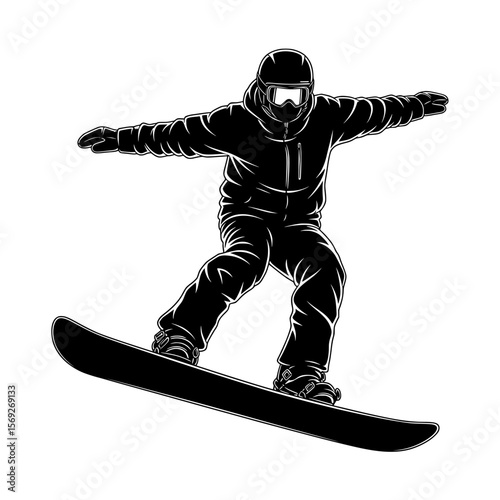Dynamic silhouette of a snowboarder in action wearing helmet and goggles captured mid air on a snowboard isolated on transparent background silhouette
