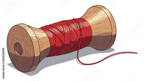 Artisanal Red Thread Spool Illustration for Crafting and Sewing Projects Wood Texture