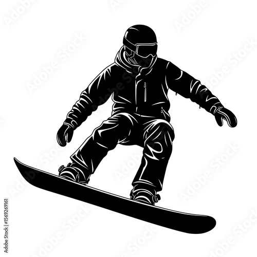 Dynamic silhouette of a snowboarder in action wearing helmet and goggles captured mid air on a snowboard isolated on transparent background silhouette