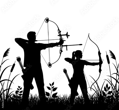 Man and woman archers in silhouette aiming compound bows in tall grass with falling leaves isolated on transparent background silhouette