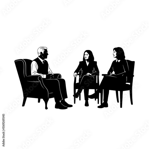 Diverse group of people in a meeting or therapy session with a man seated in an armchair and two women on chairs silhouette isolated on transparent background