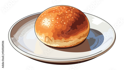Illustration of a Delicious-Looking Round Bun on a White Plate ready for any Culinary project