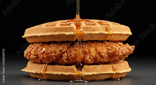 A waffle sandwich with fried chicken and honey.