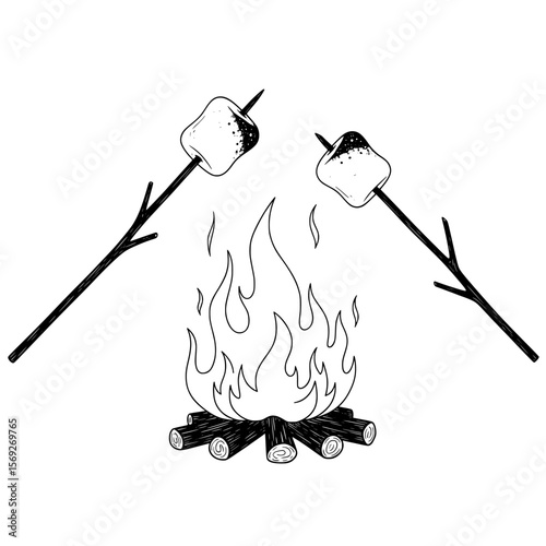 Two perfectly toasted marshmallows on sticks over a campfire with flames and logs isolated on transparent background silhouette