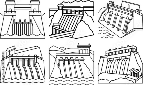 Set of dam outline vector illustration vector illustration line art