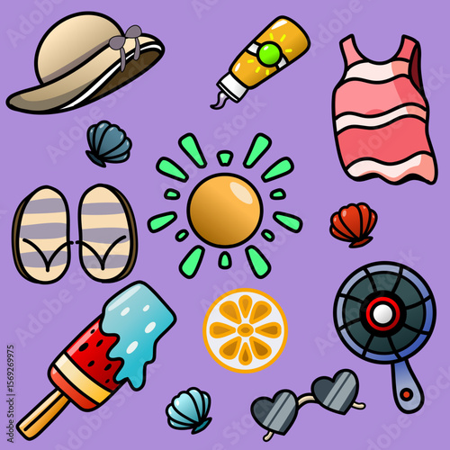 Colorful Summer Essentials Illustration Featuring Fun Icons With a Beach Theme. A cheerful illustration showcasing summer-themed items like sunglasses, shells, sunscreen, and ice cream.