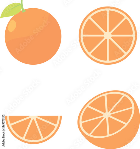 Set of Orange fruit cartoon flat illustration design. Fresh whole and half orange fruit with leaves. Summer fruits for healthy lifestyle.