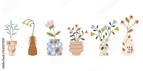 Set of vases with flowers. A collection of different geometric vases for interior design. Different types of ceramic pottery. Spring, summer elements sticker bundle