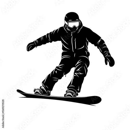 Dynamic silhouette of a snowboarder in action wearing helmet and goggles captured mid air on a snowboard isolated on transparent background silhouette
