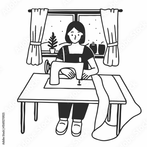 Woman sewing face mask for covid at home