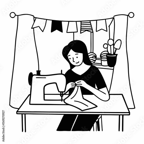 Woman sewing face mask for covid at home