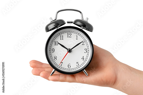 Classic alarm clock rests in the palm of a hand, suggesting time management, deadlines, or perhaps the importance of punctuality, transparent background
