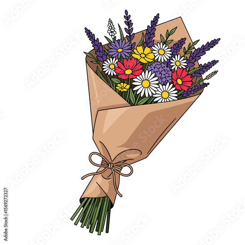 Charming Hand-Drawn Floral Bouquet Illustration with Lavender Daisies and Colorful Wildflowers