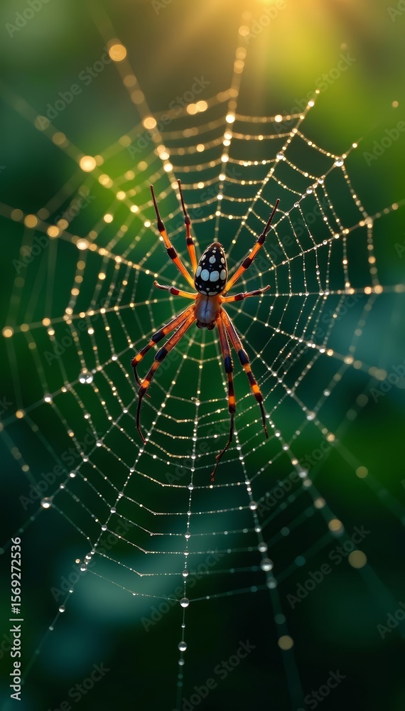Obraz premium Close-up view of intricate cobweb structure with dew drops and shadowy spiders, spooky, Gothic, Halloween decor