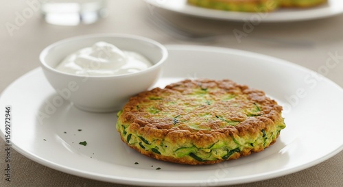 A zucchini fritter served with sour cream dip.