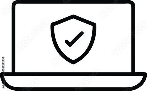Laptop computer screen displaying a shield with a checkmark symbol for security