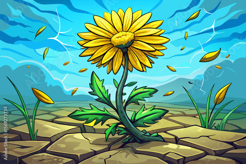 vector of A yellow dandelion bravely blooms from the cracked ground, symbolizing strength and hope in the midst of hardship.