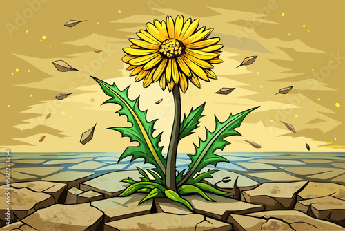vector of A yellow dandelion bravely blooms from the cracked ground, symbolizing strength and hope in the midst of hardship.