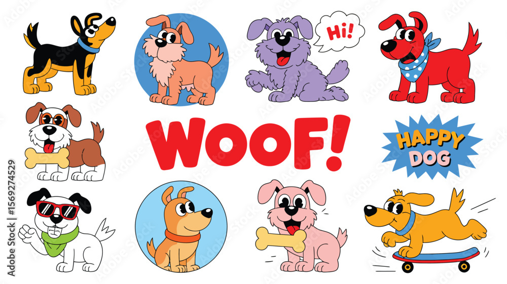 Fototapeta premium Dog Sticker Vector Set – Hand-Drawn Doodle Dogs in Various Breeds and Poses – Fun Pet Illustration for T-Shirts, Prints, Stickers, and Pet Shop Decor