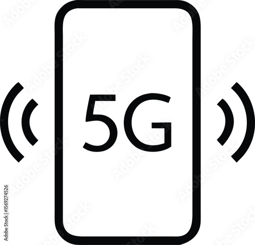 Simple line art icon of a smartphone displaying the 5g symbol with signal waves