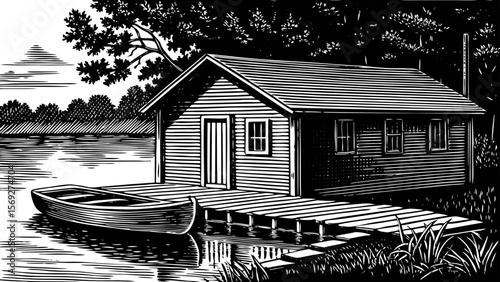 lakeside cottage with a small wooden dock and a rowboat tied beside it a black and white line art illustration