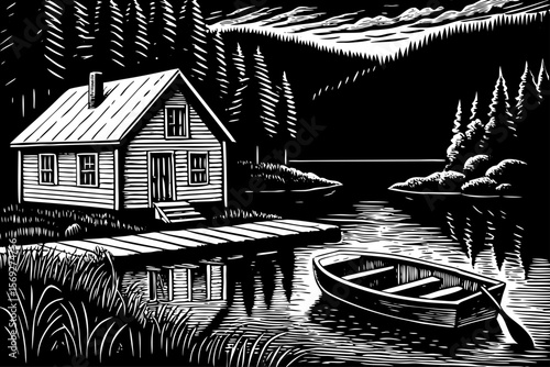 lakeside cottage with a small wooden dock and a rowboat tied beside it a black and white line art illustration
