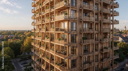 Cross-laminated timber apartment tower with cantilevered balconies, autumn park views, Passivhaus certified