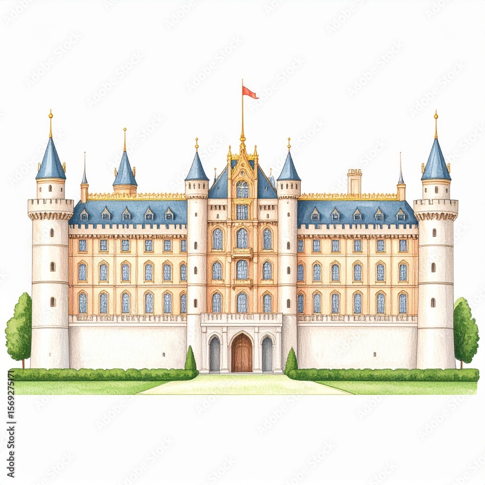 Fototapeta premium Watercolor Illustration of a Grand European Castle
