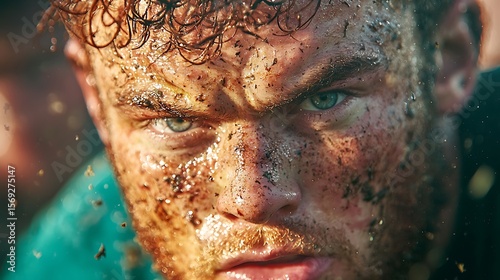 Intense Man Covered in Mud and Water Close-up