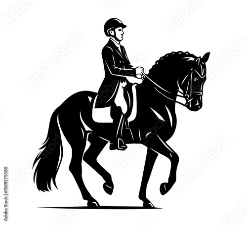 Male equestrian rider performing dressage on powerful horse in stylized black and white vector