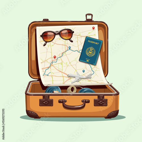 Vintage suitcase with travel items, map, and passport on green background  