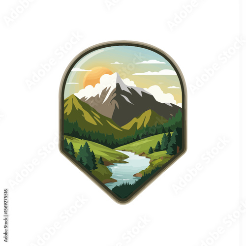 Scenic mountain landscape with river and forest under sunset  