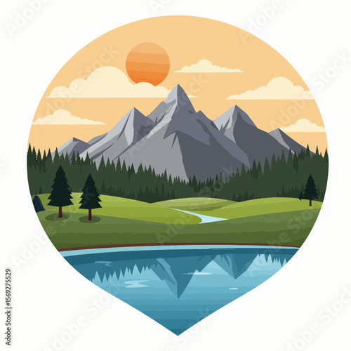 Mountain landscape with river and sun setting over hills  