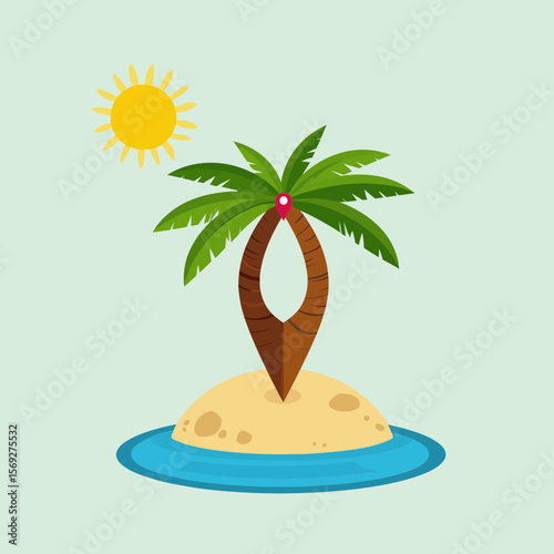 Cartoon palm tree on sandy island with sun and blue water  