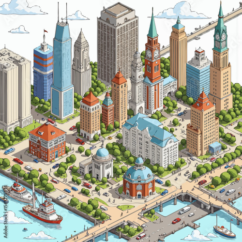 Cityscape illustration with skyscrapers, parks, and waterfront view  