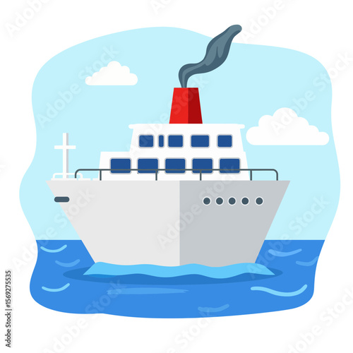 Cartoon cruise ship sailing on calm blue ocean under sky  