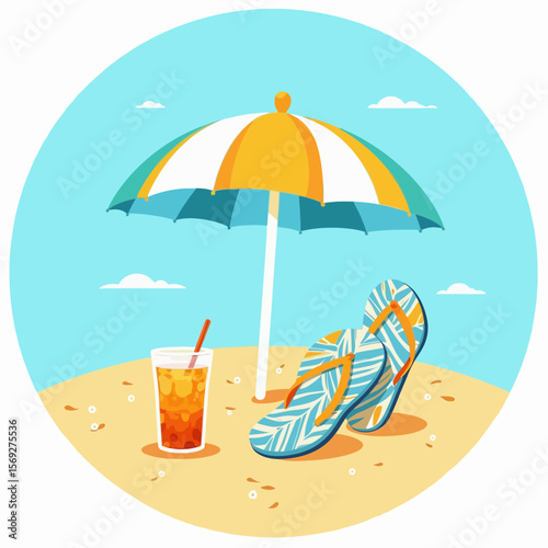 Relaxing beach scene with colorful umbrella, sandals, and drink  