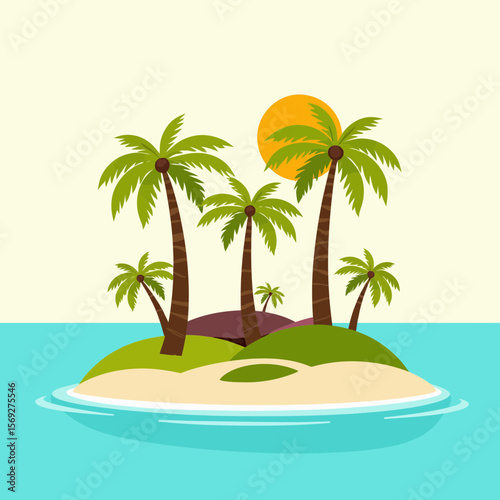 Tropical island with palm trees and sun setting over water  