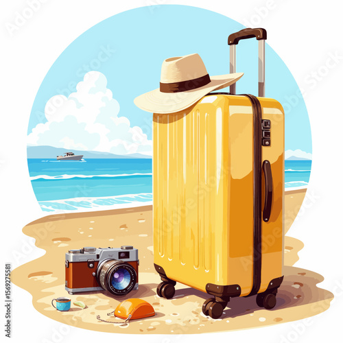 Yellow suitcase with camera and hat on sandy beach by ocean  