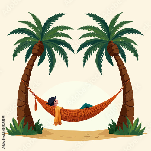 Man relaxing in hammock between palm trees on tropical beach  