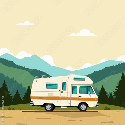 Vintage camper van parked in a scenic mountain landscape  