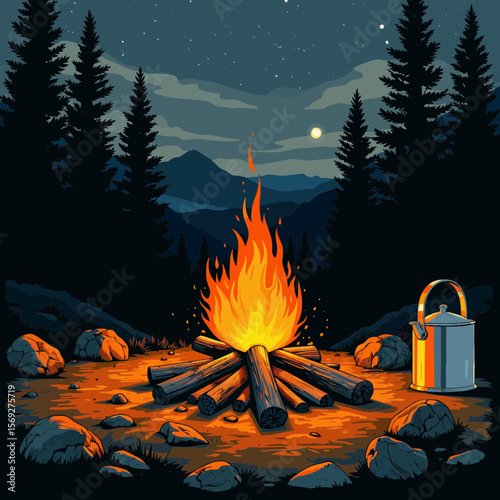 Campfire glowing in the mountains under a starry night sky  